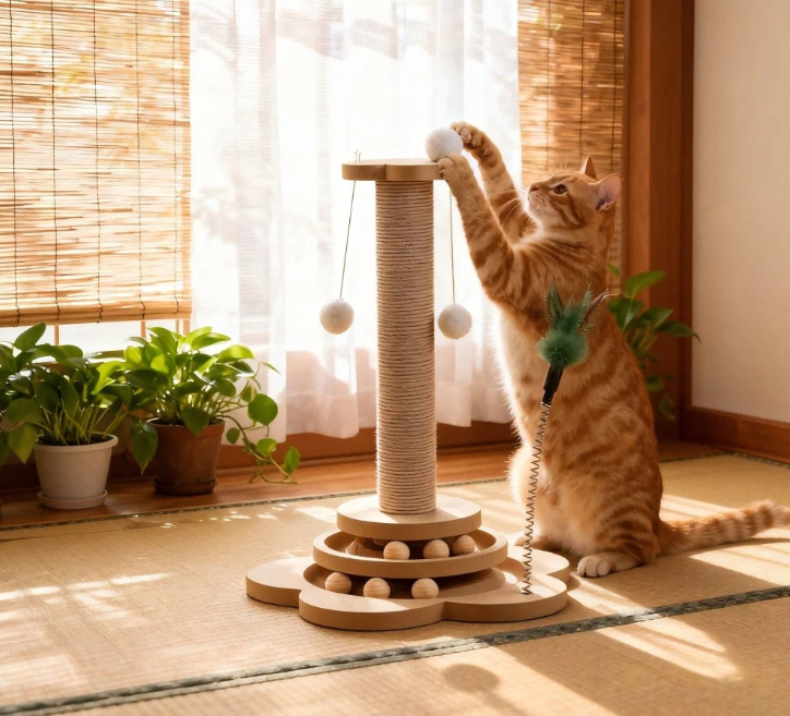 Interactive Solid Wood Cat Scratching Post
