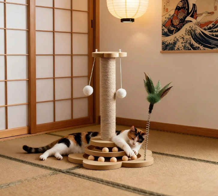 Interactive Solid Wood Cat Scratching Post