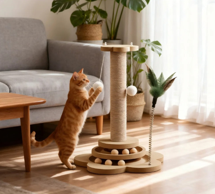 Interactive Solid Wood Cat Scratching Post