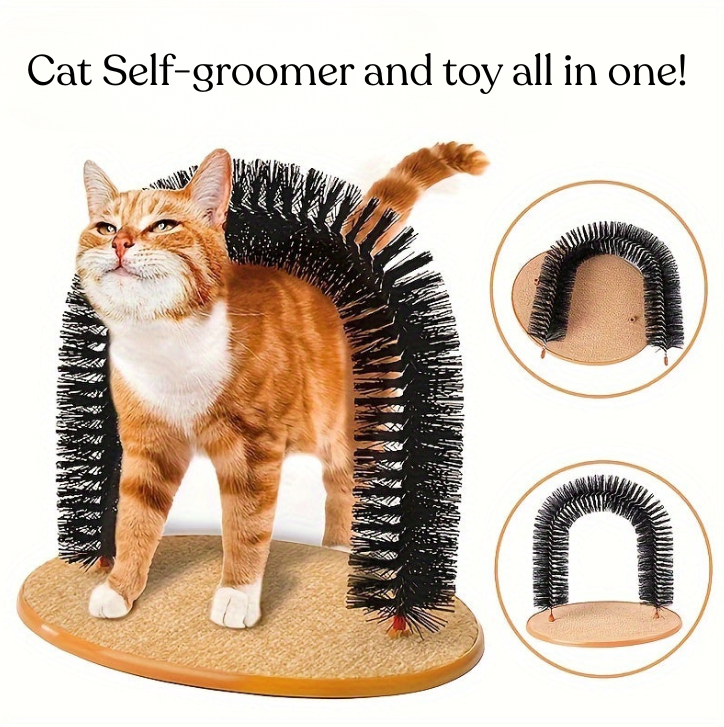 Deluxe Cat Arch Self Groomer & Massager Toy - Interactive Hair Removal Brush with Scratching Pad for Indoor Cats