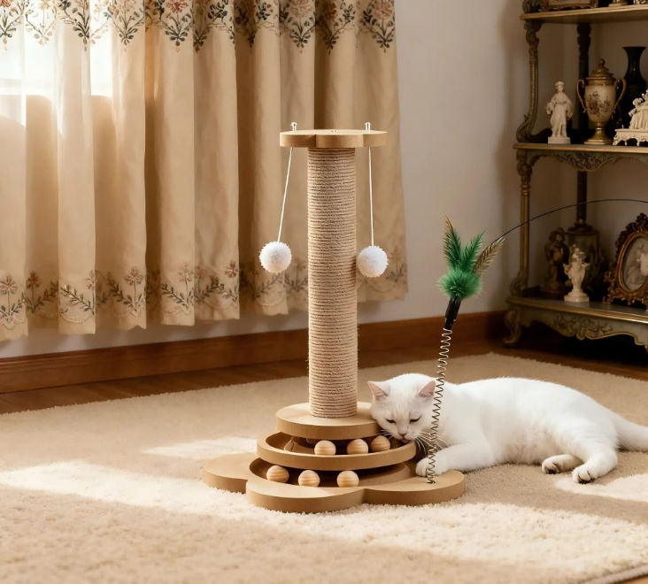 Interactive Solid Wood Cat Scratching Post