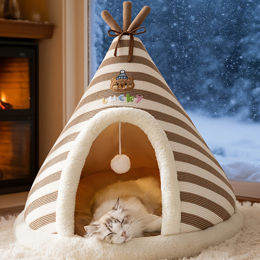 Cozy Striped Cat Tent Bed - Soft Knit-like Fabric Dome with Furry Lining, Modern Striped Design