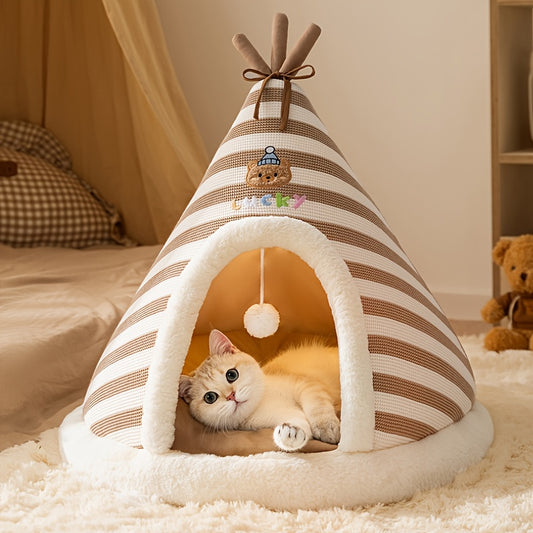 Cozy Striped Cat Tent Bed - Soft Knit-like Fabric Dome with Furry Lining, Modern Striped Design