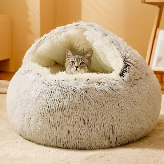 Classic Style Plush Polyester Cozy Semi-Enclosed Winter Cat Bed