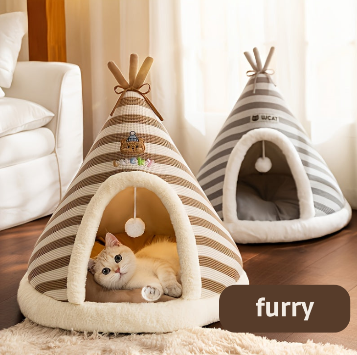Cozy Striped Cat Tent Bed - Soft Knit-like Fabric Dome with Furry Lining, Modern Striped Design