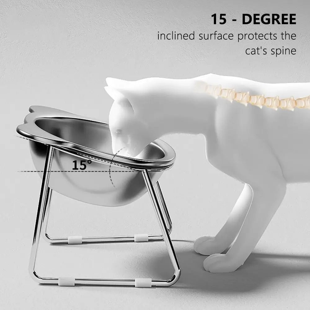Elevated Tilted Stainless Steel Cat Bowl - 15° Anti-Vomiting Whisker-Friendly Raised Cat Food Bowl with Stand