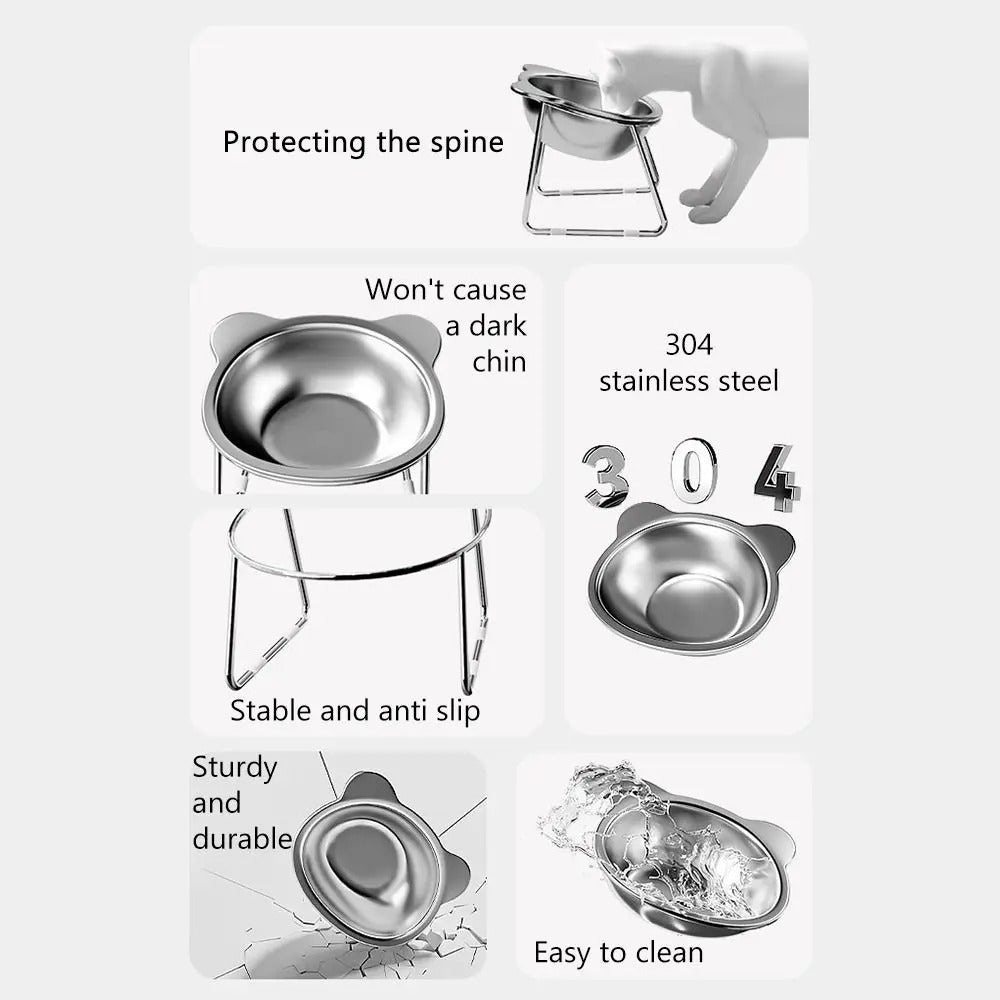 Elevated Tilted Stainless Steel Cat Bowl - 15° Anti-Vomiting Whisker-Friendly Raised Cat Food Bowl with Stand