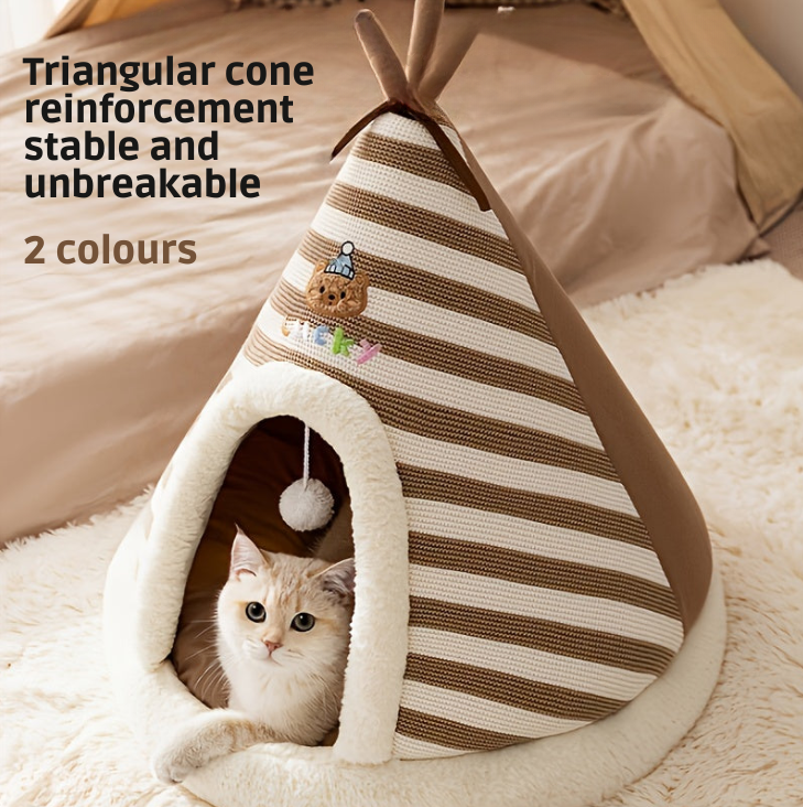 Cozy Striped Cat Tent Bed - Soft Knit-like Fabric Dome with Furry Lining, Modern Striped Design