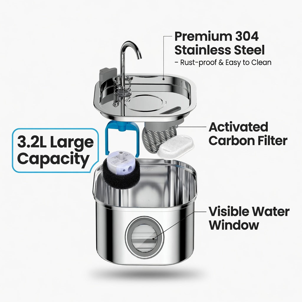 3.2L Stainless Steel Cat Water Fountain – Automatic Flowing Water Dispenser with Filter & Visible Level Window